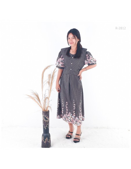 Dres Motif Garis/Bunga Lengan pendek Lufago All Size