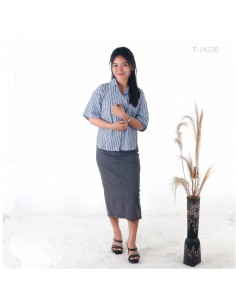 Atasan Cewek Lengan Pendek Motif Salur Saku Samping...
