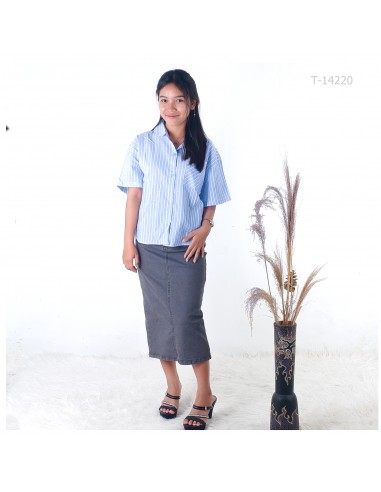 Atasan Cewek Lengan Pendek Motif Salur Saku...